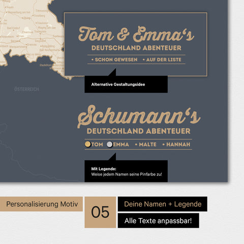 Magnetboard Deutschland-Karte in Hale Navy mit Personalisierung als Logo mit Familiennamen