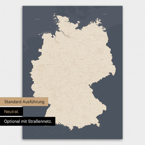 Neutrale und schlichte Ausführung einer magnetischen Deutschland-Karte in Hale Navy (Blau-Gold)