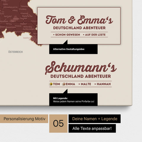 Pinnwand Leinwand einer Deutschland-Karte in Bordeaux Rot mit Personalisierung als Logo mit Familiennamen