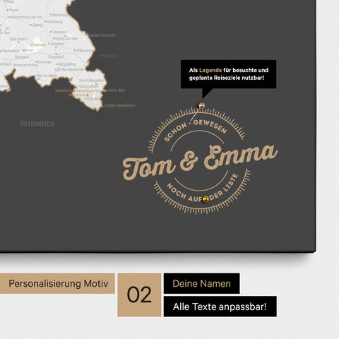 Pinnwand Leinwand einer Deutschlandkarte in Farbe Dunkelgrau mit personalisiertem Eindruck von Namen und einer Legende zum Markieren