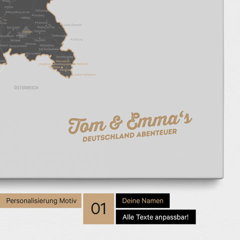 Deutschland-Karte als Pinnwand Leinwand in Light Gray mit Personalisierung und Eindruck mit deinem Namen
