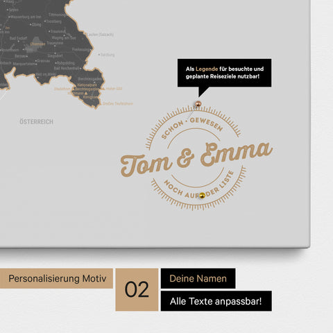 Pinnwand Leinwand einer Deutschlandkarte in Farbe Light Gray mit personalisiertem Eindruck von Namen und einer Legende zum Markieren