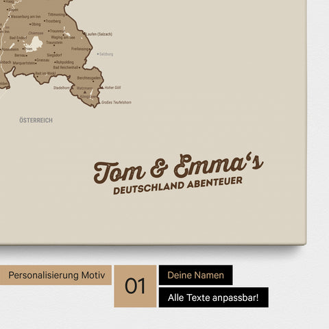Deutschland-Karte als Pinnwand Leinwand in Multicolor Brown mit Personalisierung und Eindruck mit deinem Namen
