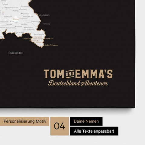 Deutschland-Karte als Pinn-Leinwand in Schwarz-Weiss mit eingedruckten Logo im Vintage-Look
