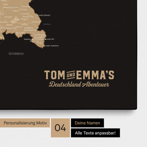 Deutschland-Karte als Pinn-Leinwand in Sonar Black mit eingedruckten Logo im Vintage-Look