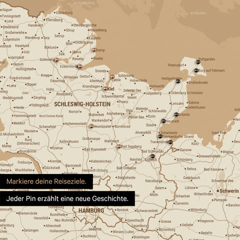 Detail einer Deutschland-Karte als Pinn-Leinwand in Treasure Gold mit Postleitzahlen von Schleswig-Holstein