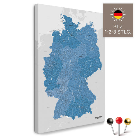 Deutschland-Karte mit Postleitzahlen 1-2-3-stellig in Blau als Pinnwand Leinwand zum Pinnen und Markieren kaufen