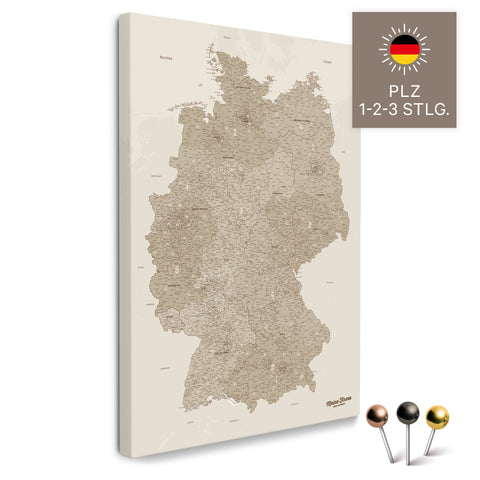 Deutschland-Karte mit Postleitzahlen 1-2-3-stellig in Desert Sand als Pinnwand Leinwand zum Pinnen und Markieren kaufen
