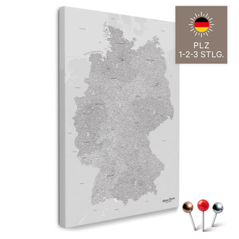 Deutschland-Karte mit Postleitzahlen 1-2-3-stellig in Coolgray (Hellgrau) als Pinnwand Leinwand zum Pinnen und Markieren kaufen