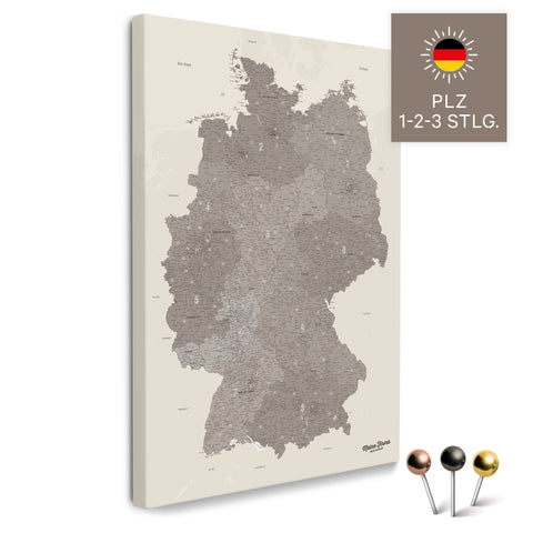 Deutschland-Karte mit Postleitzahlen 1-2-3-stellig in Warmgray (Braun-Grau) als Pinnwand Leinwand zum Pinnen und Markieren kaufen