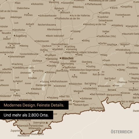 Ausschnitte einer Deutschlandkarte mit Bayern als Poster in Desert Sand mit Bergen, Seen und 2.500 Orten