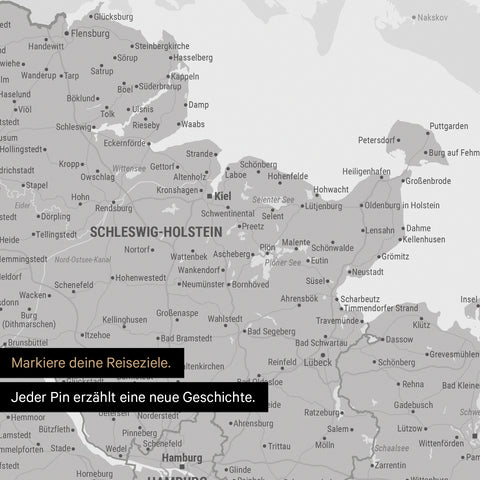 Detail einer Deutschland-Karte als Poster in Hellgrau mit Pins in Schleswig-Holstein