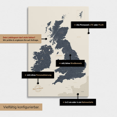 Vielfältige Konfigurationsmöglichkeiten einer England- & Großbritannien-Karte in Navy Light