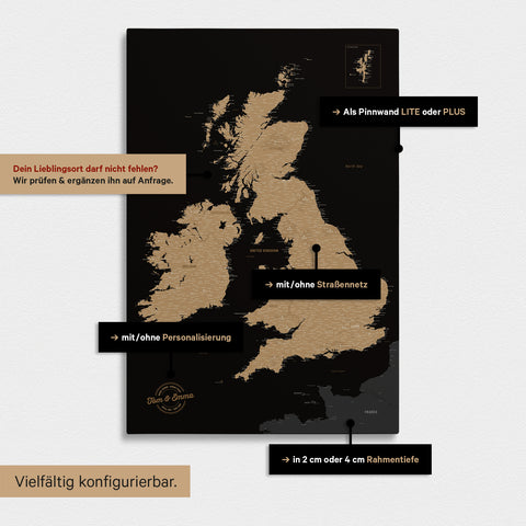 Vielfältige Konfigurationsmöglichkeiten einer England- & Großbritannien-Karte in Sonar Black (Schwarz-Gold)