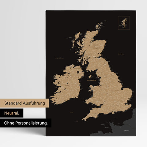 Neutrale Ausführung einer England- & Großbritannien-Karte in Farbe Sonar Black (Schwarz-Gold) ohne Personalisierung