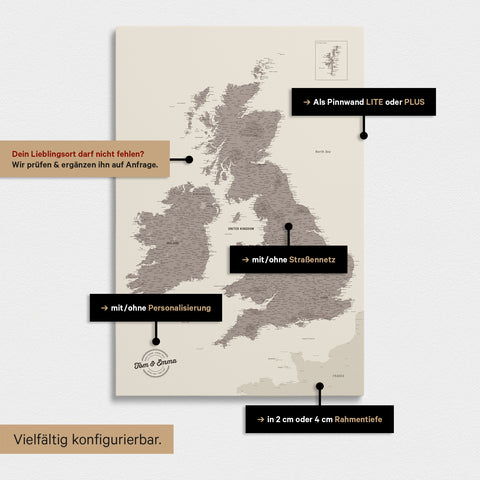 Vielfältige Konfigurationsmöglichkeiten einer England- & Großbritannien-Karte in Warmgray
