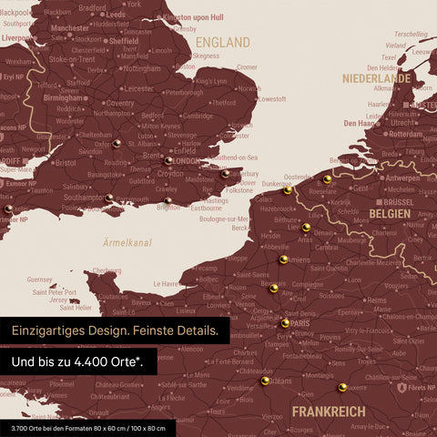 Europa Landkarte in Bordeaux Rot als Leinwand zum Pinnen zeigt einen Ausschnitt von England, Frankreich und Belgien mit vielen Details wie Nationalparks, Flüssen und zahlreichen kleinen Orten und Städten, die teilweise mit Pins markiert sind