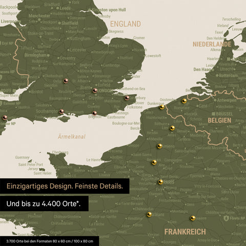 Europa Landkarte in Olive Grün als Leinwand zum Pinnen zeigt einen Ausschnitt von England, Frankreich und Belgien mit vielen Details wie Nationalparks, Flüssen und zahlreichen kleinen Orten und Städten, die teilweise mit Pins markiert sind