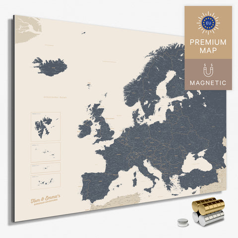 Magnetische Europakarte in der Farbe Navy Light in einem modernen, minimalistischem Design als Magnetboard zum Pinnen und Markieren von Reisezielen kaufen