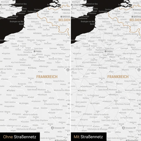 Carte magnétique de l'Europe TRAVEL® Tableau magnétique – Dark Black (Noir et blanc)