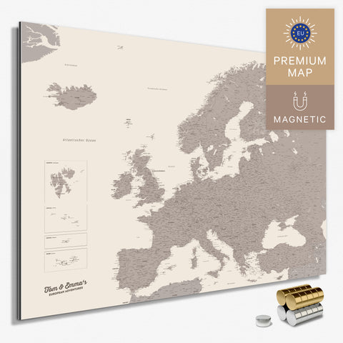Carte magnétique de l'Europe TRAVEL® Tableau magnétique – Warmgray (Gris brun)