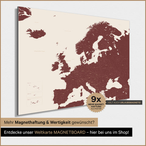 Carte de l'Europe TRAVEL® Poster magnétique – Bordeaux Rouge