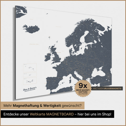 Carte de l'Europe TRAVEL® Poster magnétique – Bleu denim