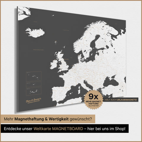 Carte de l'Europe TRAVEL® Poster magnétique – Dark Gray (Gris foncé)