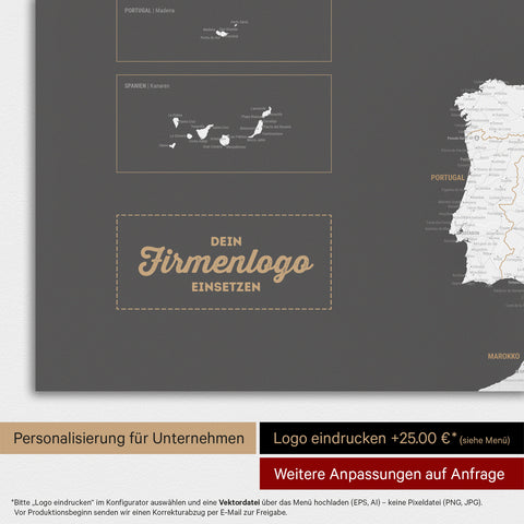 Carte de l'Europe TRAVEL® Poster magnétique – Dark Gray (Gris foncé)