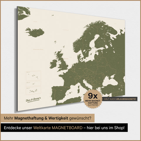 Carte de l'Europe TRAVEL® Poster magnétique – Vert olive