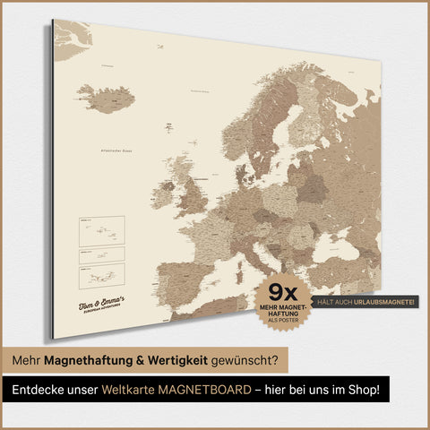 Carte de l'Europe TRAVEL® Poster magnétique – Marron multicolore