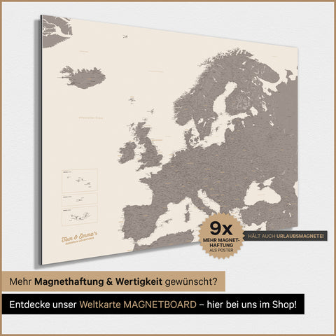 Carte de l'Europe TRAVEL® Poster magnétique – Warmgray (Gris brun)