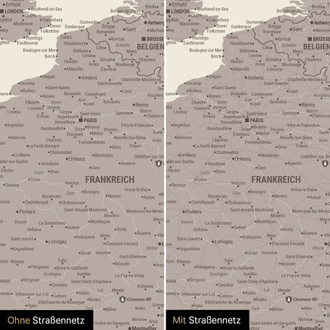Carte de l'Europe TRAVEL® Poster magnétique – Warmgray (Gris brun)