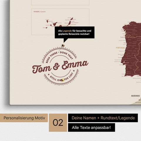 Europakarte Pinn-Leinwand in Bordeaux Rot mit Personalisierung als rundes Logo, das eine Legende für bereits besuchte Reiseziele im Rundtext beinhaltet