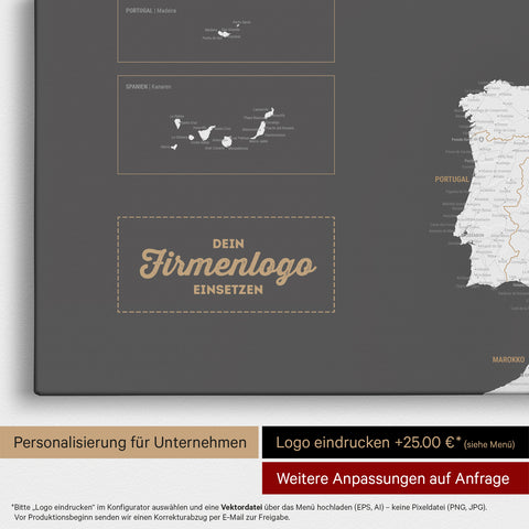 Europa Landkarte Pinnwand in Dunkelgrau mit Eindruck eines Firmenlogos für Unternehmen