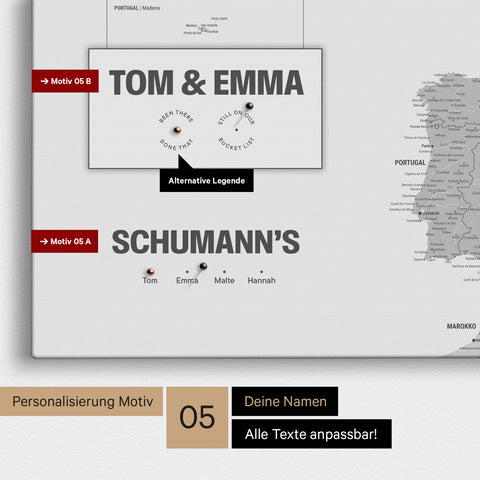 Europa-Karte in einem modernen Design in Hellgrau als Pinn-Leinwand mit Personalisierung als Logo mit einer Weltkugel