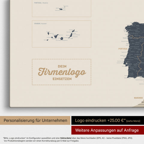 Europa Landkarte Pinnwand in Navy Light mit Eindruck eines Firmenlogos für Unternehmen