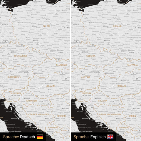 Europa Landkarte Design in Schwarz-Weiss wahlweise in deutscher oder englischer Sprache