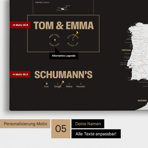 Europa-Karte in einem modernen Design in Schwarz-Weiss als Pinn-Leinwand mit Personalisierung als Logo mit einer Weltkugel