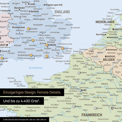 Ausschnitt einer magnetischen Politische Europakarte in Multicolor Atlas zeigt einen Ausschnitt von England, Frankreich und Belgien mit Details wie Nationalparks, Flüssen und zahlreichen kleineren Orten und Städten
