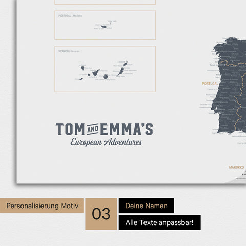 Europakarte Poster in Denim Blue mit Personalisierung im Vintage-Stil