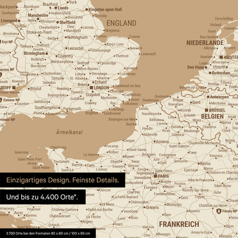 Moderne Europa Landkarte in der Farbe Treasure Gold als Poster mit einem Ausschnitt von Italien, Kroatien und Griechenland