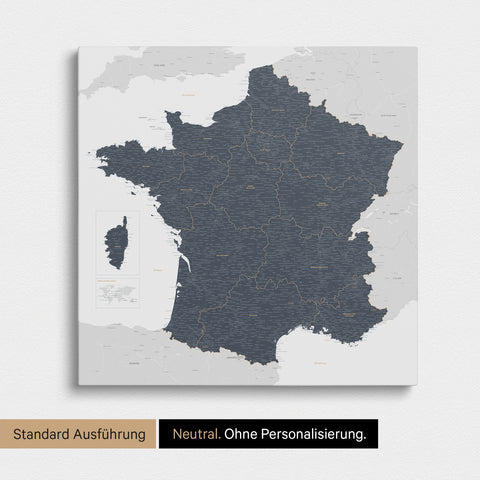 Neutrale Standard Ausführung der detaillierten Frankreich-Karte als Pinnwand Leinwand in Denim Blue ohne Personalisierung