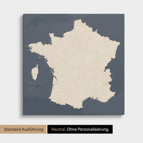 Neutrale Standard Ausführung der detaillierten Frankreich-Karte als Pinnwand Leinwand in Hale Navy ohne Personalisierung