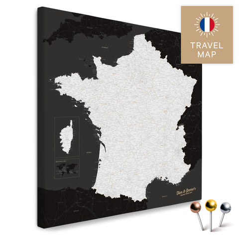 Carte de France en noir et blanc dans un design moderne et minimaliste comme toile pour épingler des voyages et des lieux