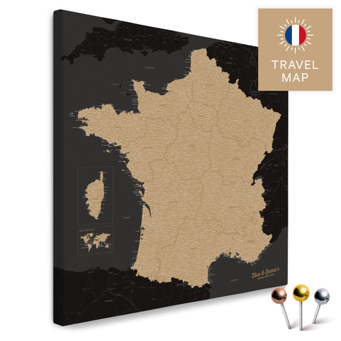 Carte de France en couleur Sonar Black dans un design moderne et minimaliste sous forme de toile pour épingler des voyages et des lieux
