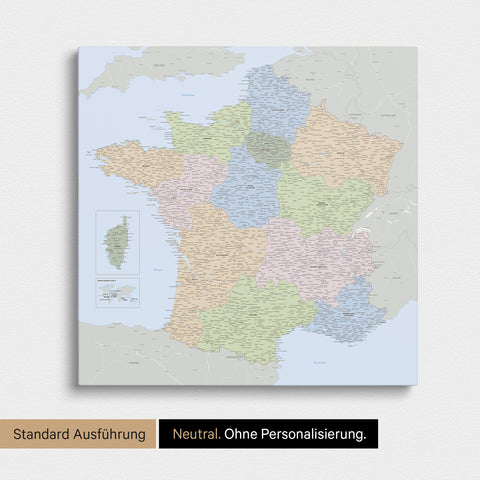 Neutrale Standard Ausführung der detaillierten politischen Frankreich-Karte als Pinnwand Leinwand in Multicolor Grau ohne Personalisierung