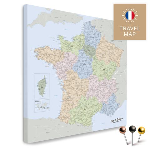 Carte politique de la France dans un design moderne et minimaliste en tant que toile pour épingler des voyages et des lieux