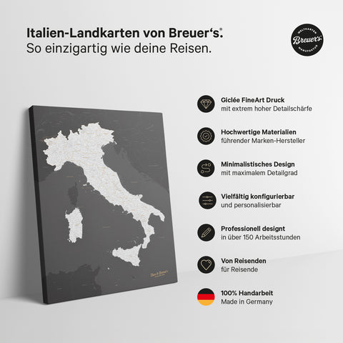 Carte de l’Italie à épingles TRAVEL® – Gris foncé