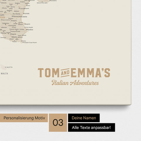 Italien-Karte zum Pinnen in Gold mit Personalisierung im Vintage-Stil
